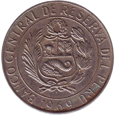 Монета 10 солей. 1969 год, Перу. Рыбы.