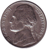 Монета 5 центов. 1989 год (P), США. Джефферсон. Монтичелло. Монета 5 центов. 1989 год (P), США. Джефферсон. Монтичелло.