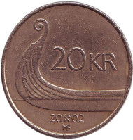 Монета 20 крон. 2002 год, Норвегия. Ладья викингов. Монета 20 крон. 2002 год, Норвегия. Ладья викингов.