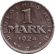 Монета 1 марка. 1924 год (J), Веймарская республика. Монета 1 марка. 1924 год (J), Веймарская республика.