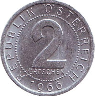 Монета 2 гроша. 1966 год, Австрия. Монета 2 гроша. 1966 год, Австрия.