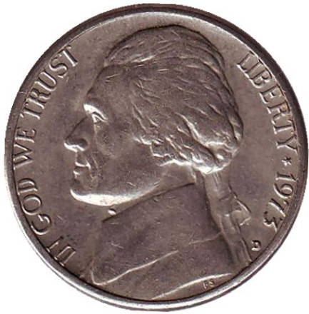 Монета 5 центов. 1973 год (D), США. Джефферсон. Монтичелло.