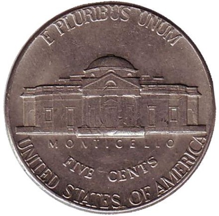 Монета 5 центов. 1973 год (D), США. Джефферсон. Монтичелло.