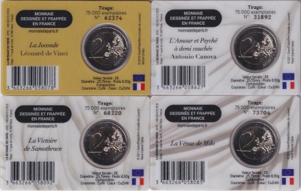 Набор из 4 монет номиналом 2 евро в коинкартах. 2025 год, Франция. Лувр. Набор из 4 монет номиналом 2 евро в коинкартах. 2025 год, Франция. Лувр.