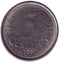 Монета 5 сентаво. 1997 год, Бразилия. Монета 5 сентаво. 1997 год, Бразилия.