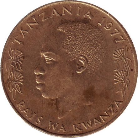 Монета 20 сенти. 1977 год, Танзания. Страус.