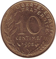 Монета 10 сантимов. 1995 год, Франция. Монета 10 сантимов. 1995 год, Франция.