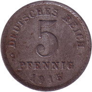 Монета 5 пфеннигов. 1915 год (А), Германская империя. Магнитная. Монета 5 пфеннигов. 1915 год (А), Германская империя. Магнитная.