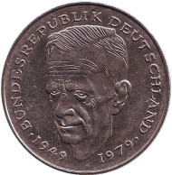 Монета 2 марки. 1989 год (G), ФРГ. Курт Шумахер.