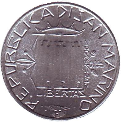 Монета 2 лиры. 1985 год, Сан-Марино. Борьба с наркотиками.