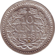Монета 10 центов. 1918 год, Нидерланды. Монета 10 центов. 1918 год, Нидерланды.