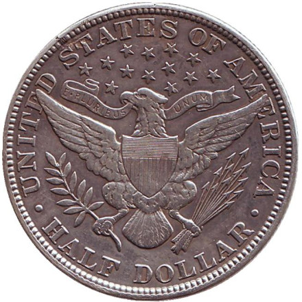 Монета 50 центов (1/2 доллара). 1912 год, США. (Без отметки монетного двора) "50 центов Барбера".