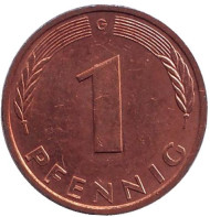 Монета 1 пфенниг. 1993 год (G), ФРГ. Дубовые листья. Монета 1 пфенниг. 1993 год (G), ФРГ. Дубовые листья.