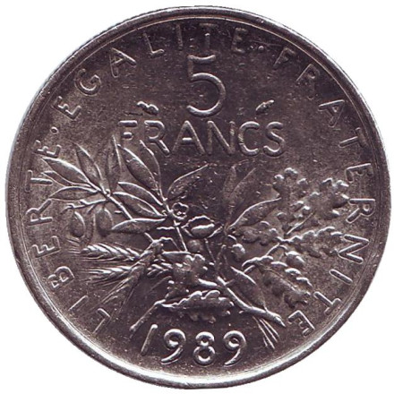 Монета 5 франков. 1989 год, Франция. Редкая.