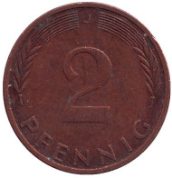 Монета 2 пфеннига. 1975 год (J), ФРГ. Дубовые листья. Монета 2 пфеннига. 1975 год (J), ФРГ. Дубовые листья.