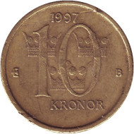 Монета 10 крон. 1997 год, Швеция. Монета 10 крон. 1997 год, Швеция.