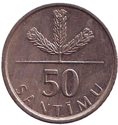 Монета 50 сантимов. 2009 год, Латвия. Из обращения. Саженец соснового дерева.