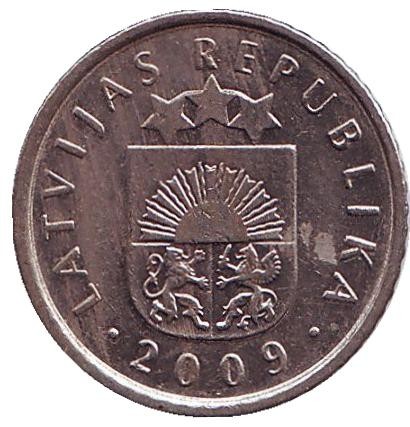 Монета 50 сантимов. 2009 год, Латвия. Из обращения. Саженец соснового дерева.