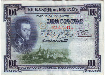 Банкнота 100 песет. 1925 год, Испания.