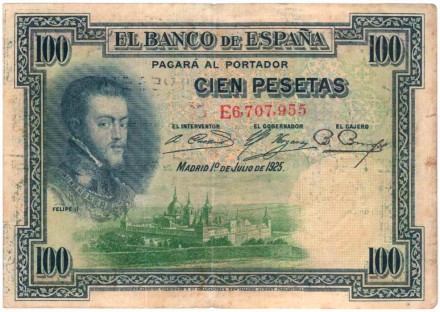 Банкнота 100 песет. 1925 год, Испания. P-69c(1).