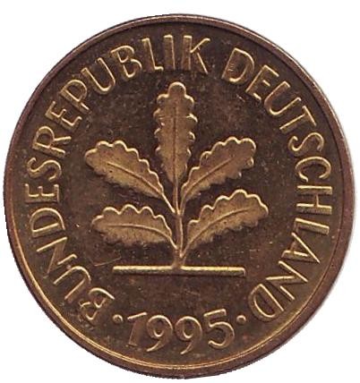 Монета 5 пфеннигов. 1995 год (F), ФРГ. Дубовые листья.