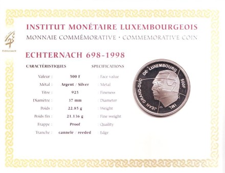 Монета 500 франков. 1998 год, Люксембург. 1300 лет коммуне Эхтернах. Монета 500 франков. 1998 год, Люксембург. 1300 лет коммуне Эхтернах.