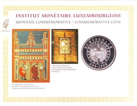 Монета 500 франков. 1998 год, Люксембург. 1300 лет коммуне Эхтернах. Монета 500 франков. 1998 год, Люксембург. 1300 лет коммуне Эхтернах.