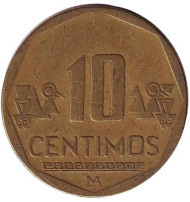 Монета 10 сентимов. 2001 год, Перу. Монета 10 сентимов. 2001 год, Перу.