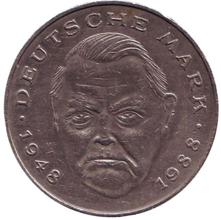 Монета 2 марки. 1991 год (F), ФРГ. Людвиг Эрхард.