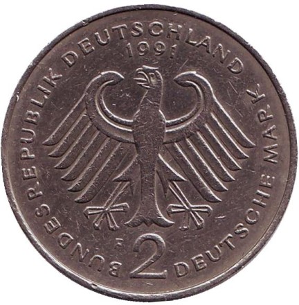 Монета 2 марки. 1991 год (F), ФРГ. Людвиг Эрхард. Монета 2 марки. 1991 год (F), ФРГ. Людвиг Эрхард.