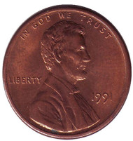 Монета 1 цент. 1991 год (P), США. Линкольн. Монета 1 цент. 1991 год (P), США. Линкольн.
