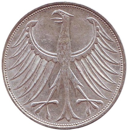 Монета 5 марок. 1971 год (D), ФРГ.