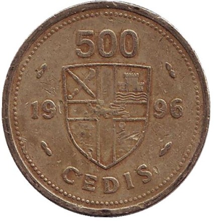 Монета 500 седи. 1996 год, Гана. Африканские барабаны.