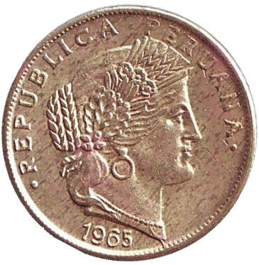 Монета 5 сентаво. 1965 год, Перу. Монета 5 сентаво. 1965 год, Перу.