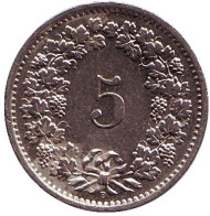 Монета 5 раппенов. 1967 год, Швейцария. Монета 5 раппенов. 1967 год, Швейцария.