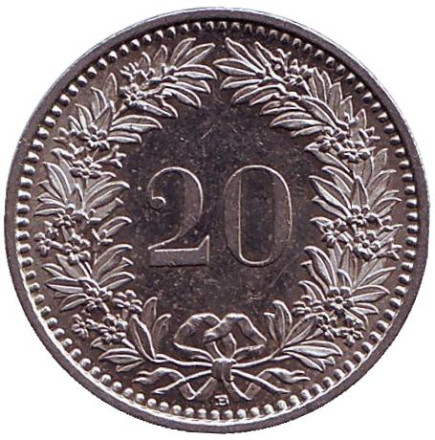Монета 20 раппенов. 2013 год, Швейцария.