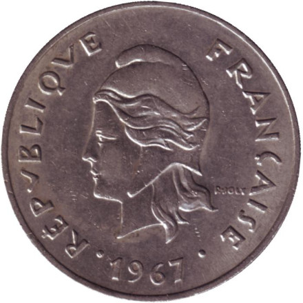Монета 50 франков. 1967 год, Французская Полинезия. Скалистый остров Муреа. Монета 50 франков. 1967 год, Французская Полинезия. Скалистый остров Муреа.