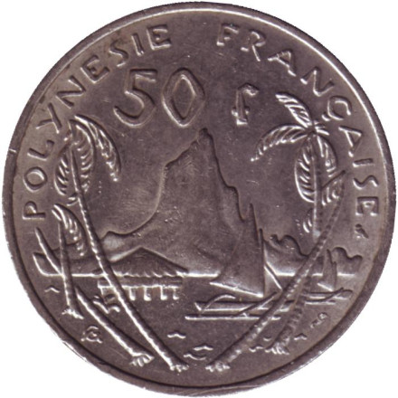 Монета 50 франков. 1967 год, Французская Полинезия. Скалистый остров Муреа.
