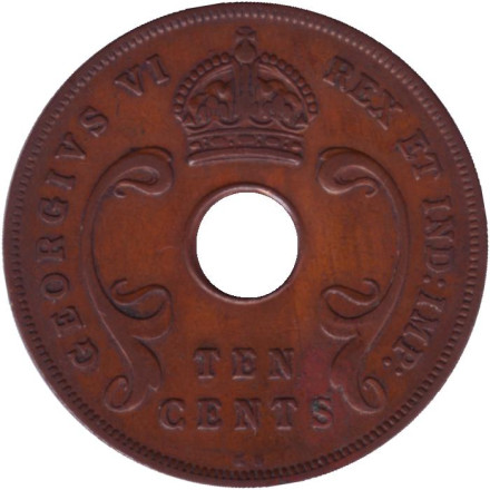 Монета 10 центов, 1937 год, Восточная Африка.(Отметка монетного двора: "KN").