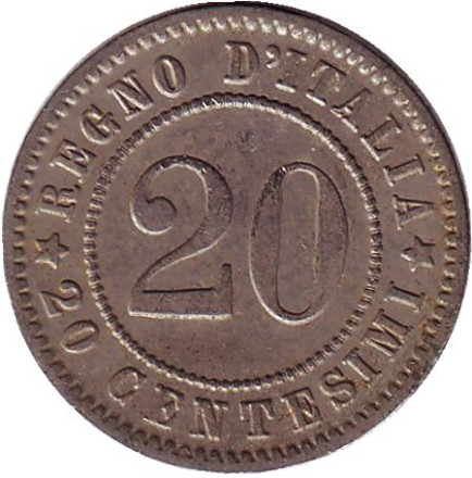 Монета 20 чентезимо. 1894 год (KB), Италия.