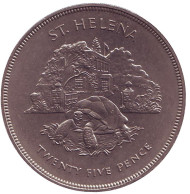 Монета 25 пенсов. 1977 год, Остров Святой Елены. 25 лет правления Елизаветы II. Черепаха.