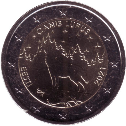 Монета 2 евро. 2021 год, Эстония. Волк.