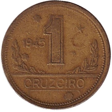Монета 1 крузейро. 1945 год, Бразилия. Карта Бразилии. Монета 1 крузейро. 1945 год, Бразилия. Карта Бразилии.