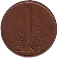 Монета 1 цент. 1959 год, Нидерланды. Монета 1 цент. 1959 год, Нидерланды.