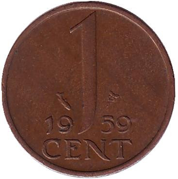 Монета 1 цент. 1959 год, Нидерланды.