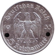 Монета 5 рейхсмарок. 1935 год, Германия (Третий Рейх). (E). Кирха. Монета 5 рейхсмарок. 1935 год, Германия (Третий Рейх). (E). Кирха.