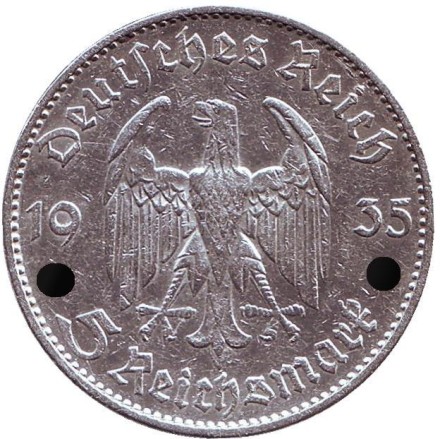 Монета 5 рейхсмарок. 1935 год, Германия (Третий Рейх). (E). Кирха. Монета 5 рейхсмарок. 1935 год, Германия (Третий Рейх). (E). Кирха.