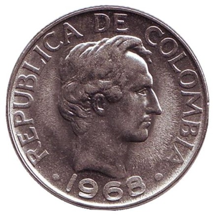 Монета 20 сентаво. 1968 год, Колумбия. Монета 20 сентаво. 1968 год, Колумбия.
