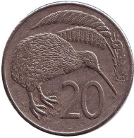 Монета 20 центов. 1981 год, Новая Зеландия. Киви (птица). Монета 20 центов. 1981 год, Новая Зеландия. Киви (птица).