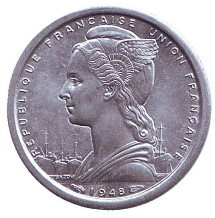 Монета 1 франк. 1948 год, Сен-Пьер и Микелон. Парусник. Монета 1 франк. 1948 год, Сен-Пьер и Микелон. Парусник.